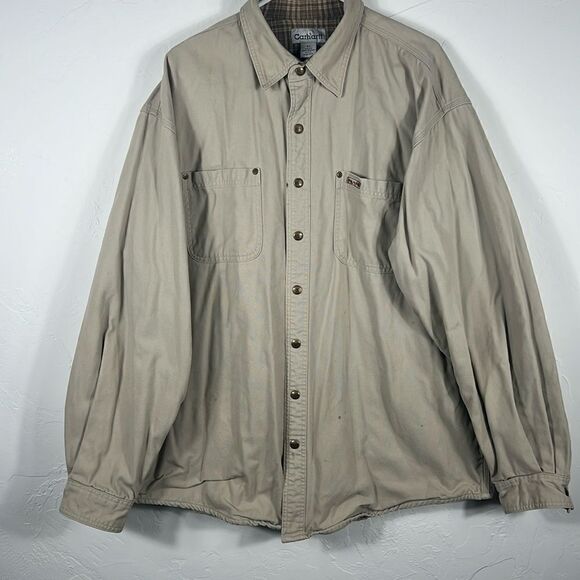 🔥🔥 Vintage CARHARTT Denim Blanket Lined Full Snap Jacket - Beige - XLT - EUC - Picture 1 of 15
